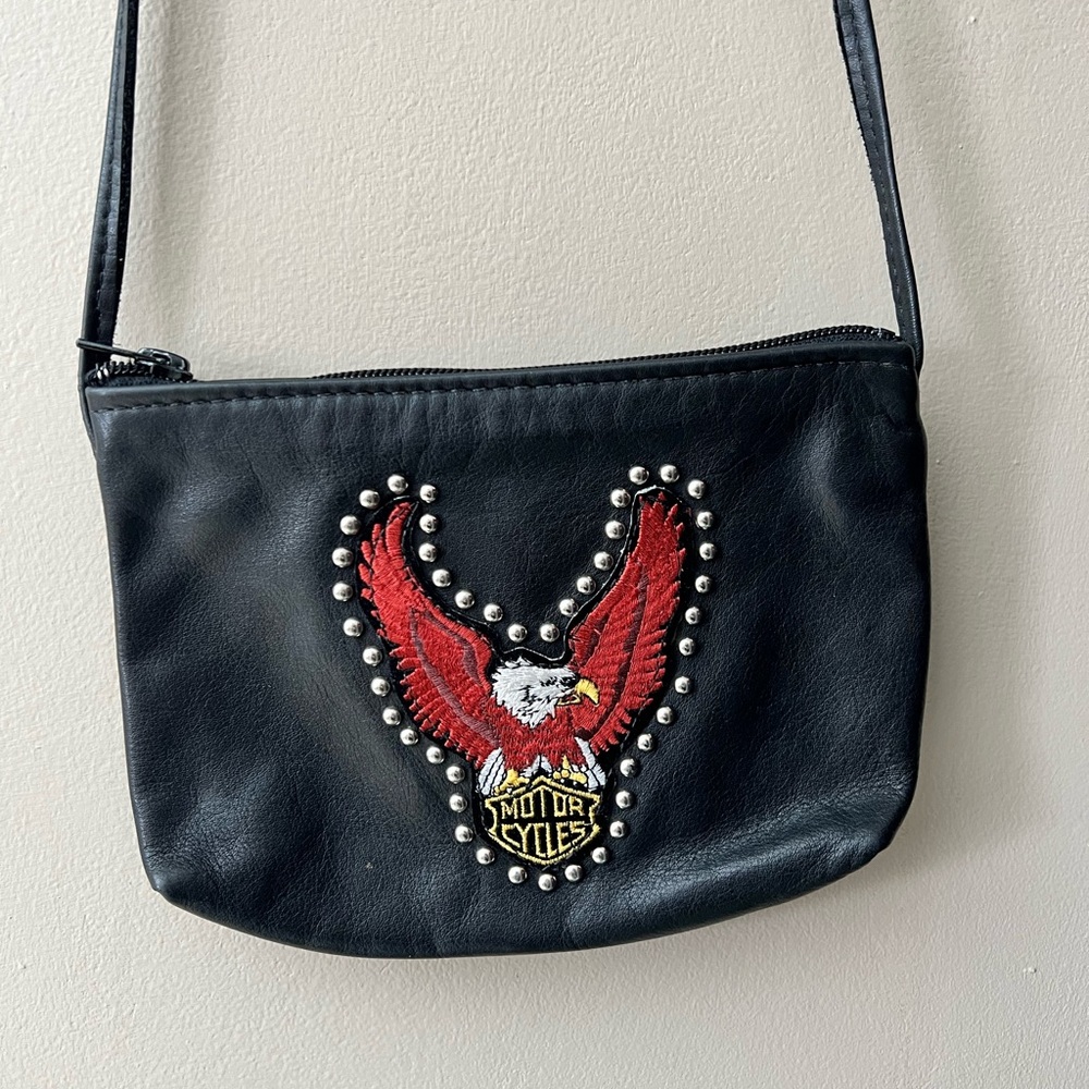 Harley Davidson vintage black leather crossbody bag eagle logo silver studs .